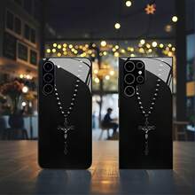 Black Beaded Necklace With Cross Pendant Tempered Glass Phone Case Suitable For Compatible With Samsung Galaxy S25/24/23/22/21 Ultra/FE/+,A71/56/55/54/53/52/36/35/34/32/26/25/24/23/16/15/14,As Well As IPhone17,16, 15, 14, 13, 12, 11, PRO MAX, PLUS, Air, Fashion Creative Design New Mobile Phone Case - 彩色 - 查看 4