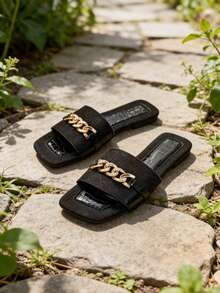 Women's Rhinestone Chain Strap Slide Sandals, New Flat Square Toe Casual Slippers For Spring And Summer - Black - View 7