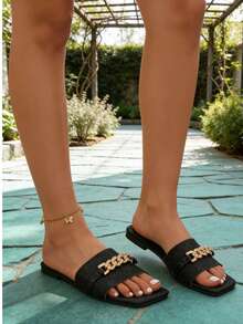Women's Rhinestone Chain Strap Slide Sandals, New Flat Square Toe Casual Slippers For Spring And Summer - Black - View 4