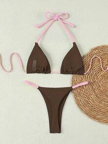 Bộ 2 món bikini dây bện màu nâu và hồng dành cho nữ, áo tắm phối màu ngọt ngào gợi cảm cho kỳ nghỉ biển 2026, trang phục sinh nhật cho nữ, đồ tập thể dục cho nữ, váy thanh lịch cho nữ, trang phục đi nghỉ mát cho nữ, áo thun thường ngày cho nữ - Nhiều màu - Xem 3