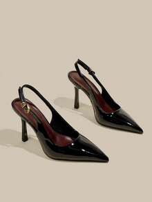 Women's Black Patent Leather Pointed Toe Stiletto High Heels, Elegant Closed-Toe Lace-Up Evening Dress Shoes With Ankle Strap - Black - View 4