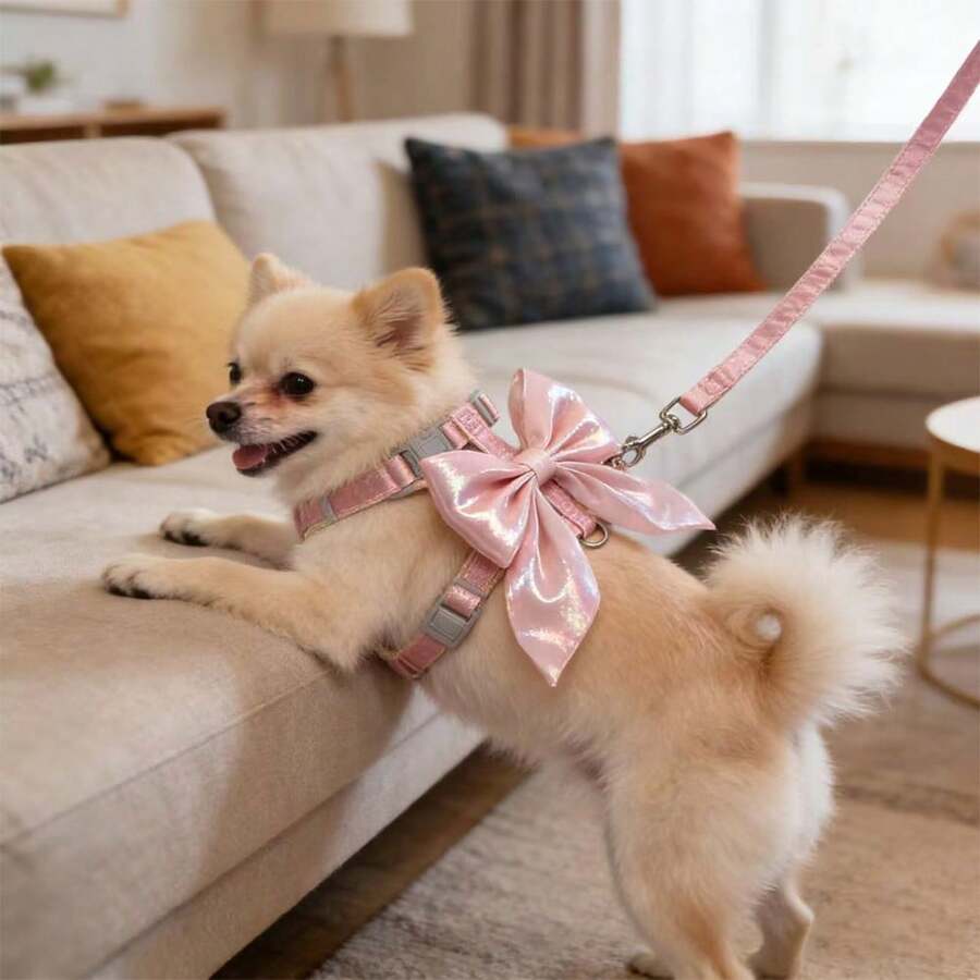 Mềm mại & Dễ thương! Dây đeo ngực cho thú cưng màu hồng bóng bẩy với nơ lớn (Có nhiều kích cỡ khác nhau, vui lòng mua theo nhu cầu). Thu hút ánh nhìn khi ra ngoài, trang trí nơ 3D lớn, dây đeo ngực có thể điều chỉnh, phụ kiện dây dắt chất lượng cao dành cho việc dắt mèo và chó đi dạo. - Nhiều màu - Xem 1