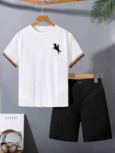 Conjunto de verano de camiseta de manga corta con estampado de dibujos animados y pantalones cortos para niño preadolescente