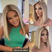 双拉丝优质白色女士假发,香草金发直发波波头假发,真人发丝,隐形发根晕染膏,金色短波波头假发,顶级UHD透明13x4蕾丝前额真人发假发,预剪裁,即戴即走,佩戴方便,可自由分缝/中分/侧分,10英寸/12英寸,180%密度,柔软发丝 - S24/613 - 查看 3