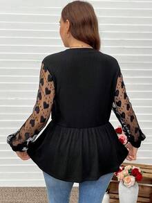 加大码女装春季新款纯色蕾丝拼接爱心袖针织长袖T恤，适合情人节和节日穿着 - 黑色 - 查看 3