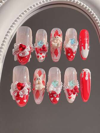 10 piezas de pegatinas de arte de uñas hechas a mano con forma ovalada alargada, con decoraciones de manicura francesa roja con corazones pintados a mano, lazos 3D, perlas falsas blancas, cuadros rojos pintados a mano, estrellas, conejitos lindos, lazos y otros adornos. Adecuado para uñas lindas, uñas rojas, uñas de Año Nuevo, uñas de San Valentín, manicuras francesas con efecto de ojo de gato brillante, uñas postizas acrílicas, uñas postizas y otros suministros para uñas.