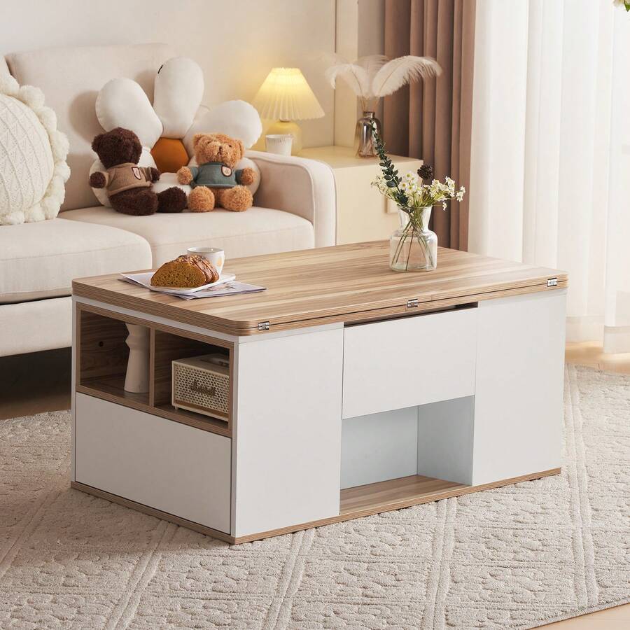Multifunctional Lift-Top Coffee Table - Unfolds Into 2 Tables, White + Natural Wood, Large Capacity, Modern Living Room Furniture, Dining/Office Table, Relaxation Table, Multifunctional - White - View 1