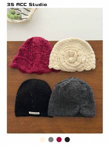 1pc Floral Headband Hat For Women, New Autumn/Winter Style, Versatile, Face-Framing, Warm, Handmade Crochet Flower, Sweet Retro, Knitted Beanie Cap - Multicolor - View 14