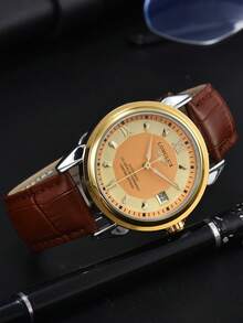 LONGLUX 1件男士防水单日历自动机械表，夜光，商务皮表带 - 棕色 - 查看 4