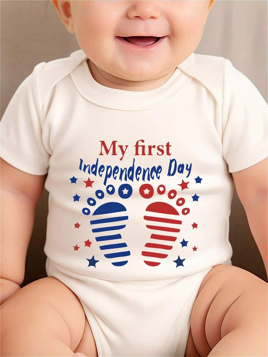 AYJK7 Round-Neck Baby Romper, My First Independence Day, Letter Printing, Footprints, Small Stars, Fun Pattern Printing, Soft And Comfortable, Casual Style, Suitable For Interactive Entertainment - 白色 - 查看 1