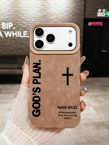 基督教信仰美学棕色绒面革防震手机壳，印有“上帝的计划”和十字架圣经经文，适用于 17 Pro、13、15、16、14、17 Pro Max - 卡其色 - 查看 3