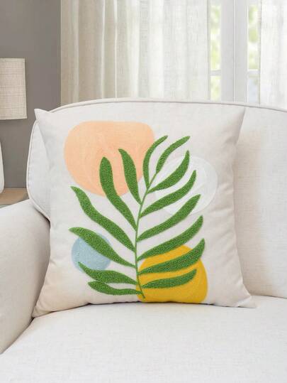 1件春夏植物叶子几何刺绣抱枕套，适合室内装饰，四季皆宜，不含枕芯
