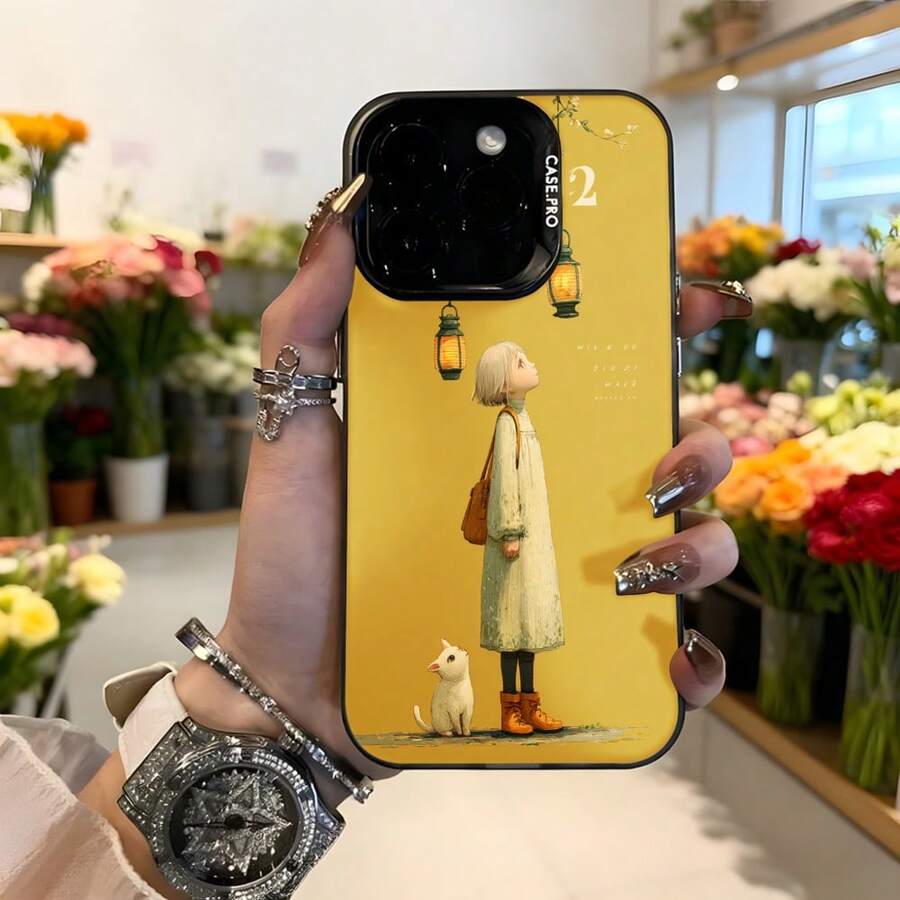 Cubierta de teléfono con borde negro y diseño amarillo con chica de cabello rubio con abrigo largo y gato blanco junto a faroles colgantes y texto en inglés para uso diario y estilo femenino,Aplicable a los teléfonos de la serie Apple y Galaxy - Blanco - Ver 1