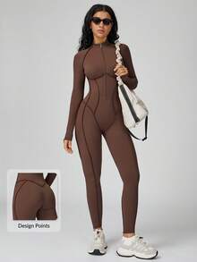 MASKERT 女士瑜伽连体衣，带可拆卸胸垫，速干，高弹，亲肤舒适 - 巧克力棕 - 查看 1