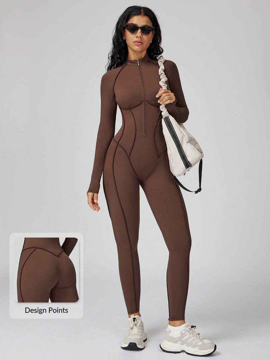 MASKERT 女士瑜伽连体衣，带可拆卸胸垫，速干，高弹，亲肤舒适 - 巧克力棕 - 查看 1