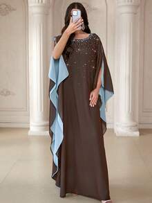 Women's Round Neck, Color-Block Soft & Comfortable Arabic Long Abaya, Suitable For Festivals, Daily Wear And Multiple Occasions - Coffee Brown - View 3