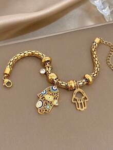 1pc Luxury Vintage Hamsa Hand Pendant Bracelet, 18K Gold Plated Stainless Steel, Enamel Crafted, Adjustable Chain, Elegant & Mysterious, Suitable For Mother's Day, Christmas, Thanksgiving, Carnival, Wedding, Rave Party/Ball, Daily Wear, Also Great For Anniversary, Valentine's Day, Boho Jewelry, Birthday, Bridesmaid Gift - Multicolor - View 5