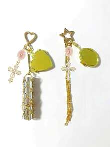 Móc khóa túi đựng son môi bằng thép không gỉ mạ vàng - Mặt dây chuyền hình thánh giá, ngọc trai và kim cương, móc khóa túi đựng son môi bằng kim loại kèm túi lưới thép không gỉ có thể thay thế, móc khóa hộp đựng son môi trang trí hình trái tim và ngôi sao có gương nhỏ, phụ kiện son môi và mỹ phẩm thời trang. - Nhiều màu - Xem 4