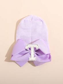 1顶新生儿毛线帽，带珍珠字母和大蝴蝶结，柔软弹力条纹针织帽，适合日常佩戴、拍照和作为婴儿礼物 - 淺紫色 - 查看 23