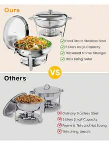 Chafing plato para buffet 2/4/6 paquete, 5QT acero inoxidable redondo chafing platos buffet con soporte de tapa, chafers y calentadores de alimentos con cuchara y pinzas para fiestas, bodas, plata - 6 paquetes - Ver 7