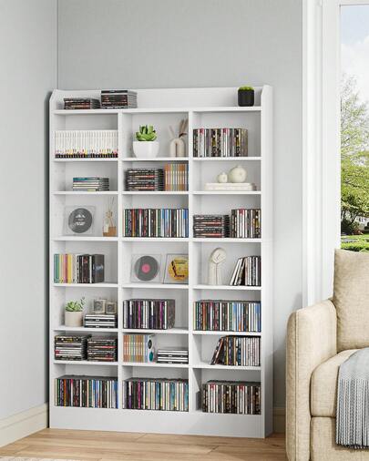 Hzuaneri Étagère Bibliothèque, Rangements pour CD et DVD 8 Niveaux, Meuble de Rangement multimédia, Armoire de Rangement CD pour 747 CDs pour le Salon, Bureau, 17 x 100 x 154,5 cm, Blanc