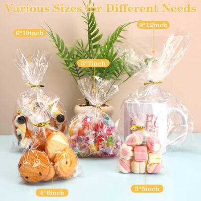 100 piezas Bolsas de papel de vidrio transparente para alimentos, Bolsas de papel de vidrio transparente para regalos, Bolsas de plástico para regalos con lazos retorcidos, Adecuadas para recuerdos de fiesta, galletas, dulces, palomitas de maíz, envoltura de regalo de chocolate horneado