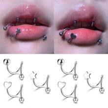 6Pcs Stainless Steel Star Heart Ball S-Shaped Metal Multifunctional Nose Ring Simple Nose Lip Piercing Jewelry Earrings Cartilage - Silver - View 7