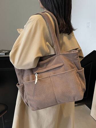 2025 New Women's Handbag, Large Capacity Commuter Shoulder Bag, Niche Design, Casual & Versatile, Minimalist Fashion, Corduroy Texture, Long Shoulder Strap, Zipper Closure, Spacious, Tote Bag, Literary Casual Style