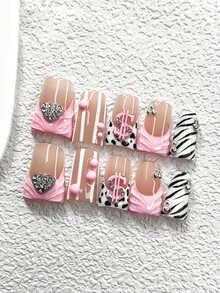 10pcs Y2K French Manicure Set, Acrylic Press-On Nails, Shiny Faux Pearl Hearts, Pink Dollar Signs, Silver Studded Nail Decor, Black & White Stripes, Black Leopard Print, White Water Drops, White, Nude, Pink Nail Polish, Great Gift For Women & Girls, Includes Nail Tools Nail Supplies Handmade Press On Nails - Nhiều màu - Xem 14