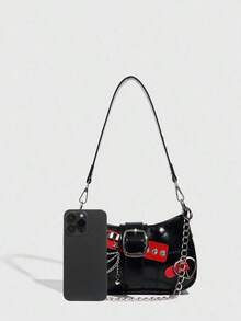 1pc Women PU Leather Hand Bag, Y2K Baddie Bag, Versatile Star Design Crescent Shoulder Bag, Black & Red Contrast Chain Strap Bag, Millenial Crossbody Underarm Chain Starry Bag, Fashionable Street Style Bag For Girls Party And Gifting Valentines, Y2k Bag, Gothic Punk Bag For Women, 2000s Fashion Style Bag For Women, Halloween Purse Perfect For Fancy Party Halloween Fashion & Gothic Fashion, Best Halloween Gifts For Women - 黑色 - 查看 3