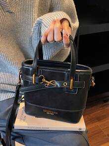 Túi xách nữ màu trơn thời trang, kiểu dáng mini xô đa năng với hai quai xách và dây đeo vai có thể điều chỉnh, phù hợp cho sinh viên, đi làm, mua sắm và sử dụng hàng ngày. - màu đen - Xem 2