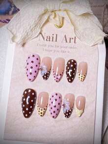 10pcs Handmade Almond Powder, Brown, Caramel, Polka Dot, Yellow French Acrylic Nail Tips, Cute Minimalist Elegant Design Nails Nail Supplies - Multicolor - View 2