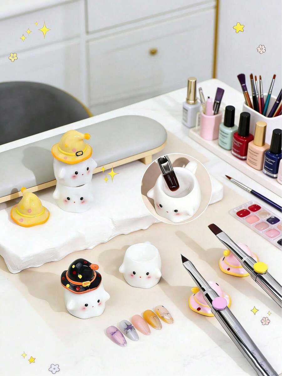 1pc Mini Nail Art Cleaning Cup, Portable Anti-Drop Cartoon Ghost Design Pen Cup, Cute Nail Art Photography Prop - Multicolor - View 1