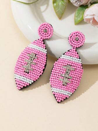 1 Pair Handmade American Football Shaped Beaded Earrings, Fashionable Sports Gift