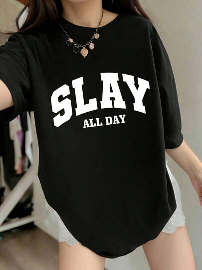 少女休闲字母印花短袖T恤，夏季