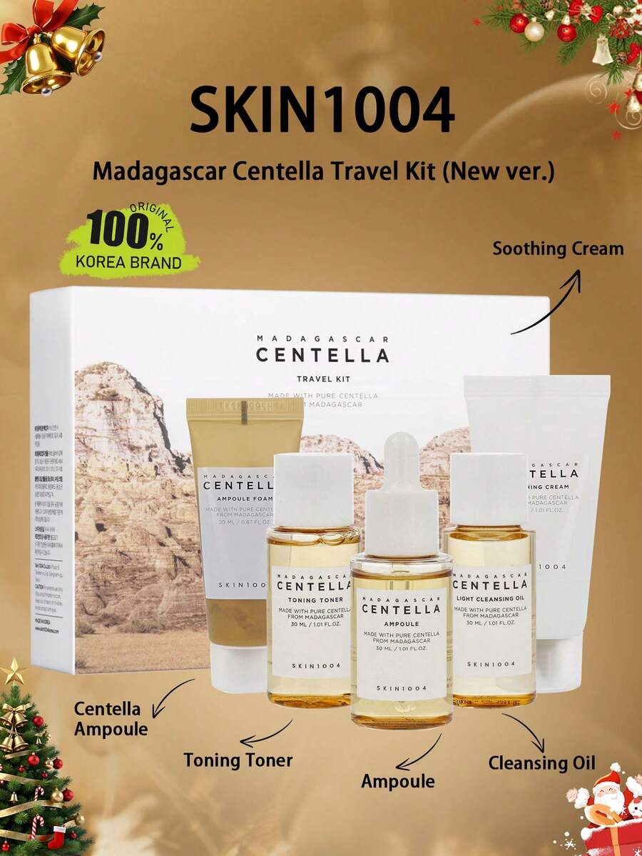 SKIN1004 马达加斯加积雪草旅行套装，轻盈乳液质地，舒缓霜，卸妆油，安瓶洁面泡沫，基础护肤盒，小巧便携，礼盒装，韩国化妆品，30毫升/1.01液盎司*4 + 20毫升/0.67液盎司 - Travel Kit. - 查看 1