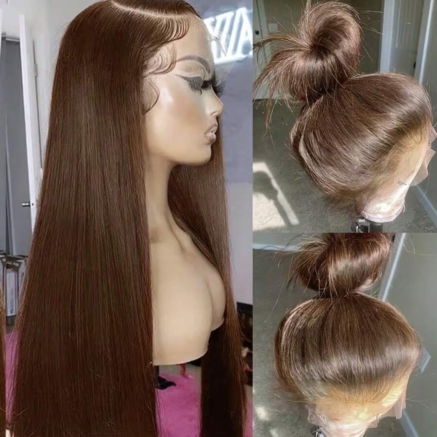 Gorgeous Neon Green Hair Synthetic Lace Front Wigs 28 Inch Pre Plucked Long Straight Hair Wigs Glueless Halloween Wigs Heat Resistant Fluorescent Green Straight Lace Front Wigs For Fashion Women For Daily Christmas Party Cosplay Use - Light Brown - 查看 1