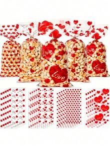 100pcs Valentine's Day Heart Shaped Gift Bags (Including Approx. 120 Pcs Tie Strings), OPP Plastic Candy Cookie Bags, Suitable For Jewelry, Cosmetics And Valentine's Day Gifts - Multicolor - View 6