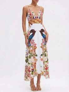 Vestido halter sin espalda con estampado tropical, adecuado para vacaciones en la playa - Blanco - Ver 2