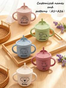 Personalized Silicone Baby Training Cup, Straw Cup, Double Handle Water Bottle, Best Gift Choice With Customized Name And Pattern - Multicolor - View 2