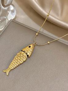 1Pc Shiny Gold Snake Chain Necklace With Textured Fish Pendant - 3D Scaled Fish Design, Lucky Nautical Jewelry For Daily Casual Stylish Looks,Valentine's Day Gift, Unisex - Multicolor - View 3