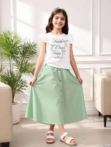 少女字母蝴蝶结印花荷叶袖T恤搭配腰带半裙休闲套装 - 綠色 - 查看 6