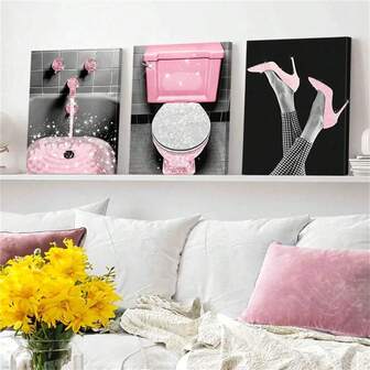 3 piezas de arte de pared moderno, obra de arte decorativa rosa, impresión de bañera, inodoro y tacones altos, pinturas en lienzo de moda, arte de pared elegante, pinturas clásicas, estética de la habitación, decoración del hogar, regalo ideal, para sala de estar, dormitorio, baño, con opción de marco