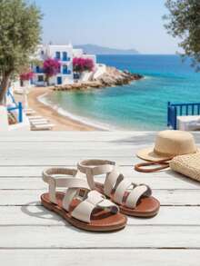 1 Pair Children's Beige PU Material Anti-Slip Durable Round Toe Peep-Toe Shaped Elastic Band Casual Flat Sandals, Suitable For Boys And Girls, Vacation, Birthday Party, School, Spring 2026 New Arrival - White - View 3