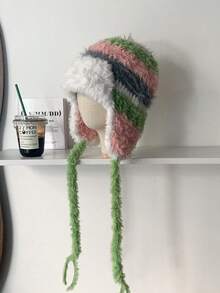 1 Stück Warme gestreifte Strickkappe mit Ohrklappen für Frauen, windundurchlässige dicke gestrickte Mütze für Herbst/Winter - Verschiedenfarbig - Übersicht 15