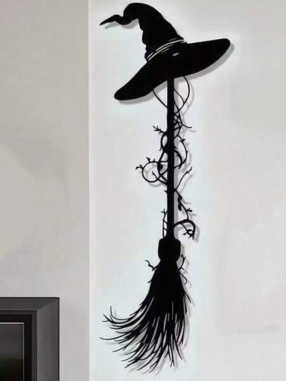 1pc Vintage Witch Broom With Hat Metal Wall Decor, Black Halloween Iron Art Craft, Suitable For Home Garden Display, Ideal For Halloween Living Room Entrance Decoration, Christmas Decoration, Christmas Home Gift, Christmas Ornament