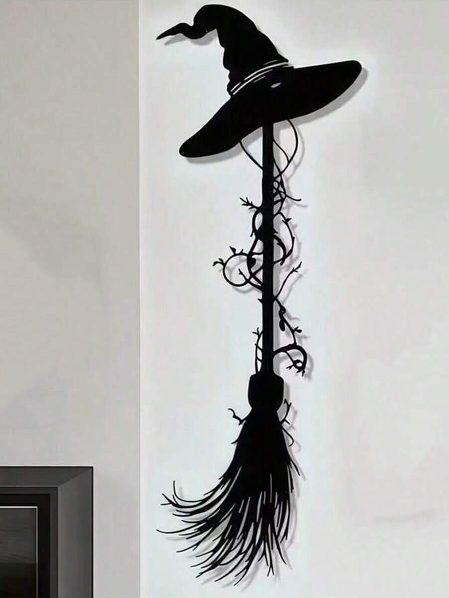 1件复古女巫扫帚带帽子金属墙饰，黑色万圣节铁艺工艺品，适合家居花园展示，是万圣节客厅入口装饰、圣诞节装饰、圣诞节家居礼物、圣诞节摆件的理想之选。