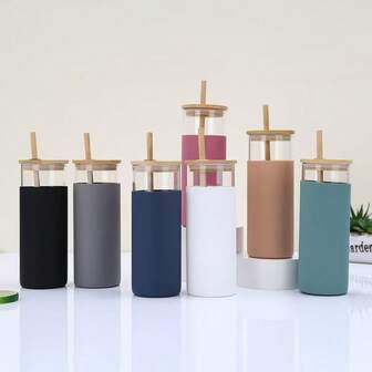 1 pieza Vaso de vidrio con pajita de 500ML, aislado con funda de silicona portátil, vaso de vidrio de escritorio, de borosilicato resistente al calor, apto para uso doméstico y de oficina