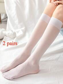 2pairs Solid Over The Calf Socks, Cozy - Apricot - View 15
