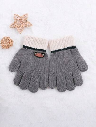 儿童半指针织手套一双，适合3-6岁儿童，弹性保暖露指手套，撞色滚边和皮革标签设计，适合男孩女孩日常穿着、户外活动、上学、冬季配饰